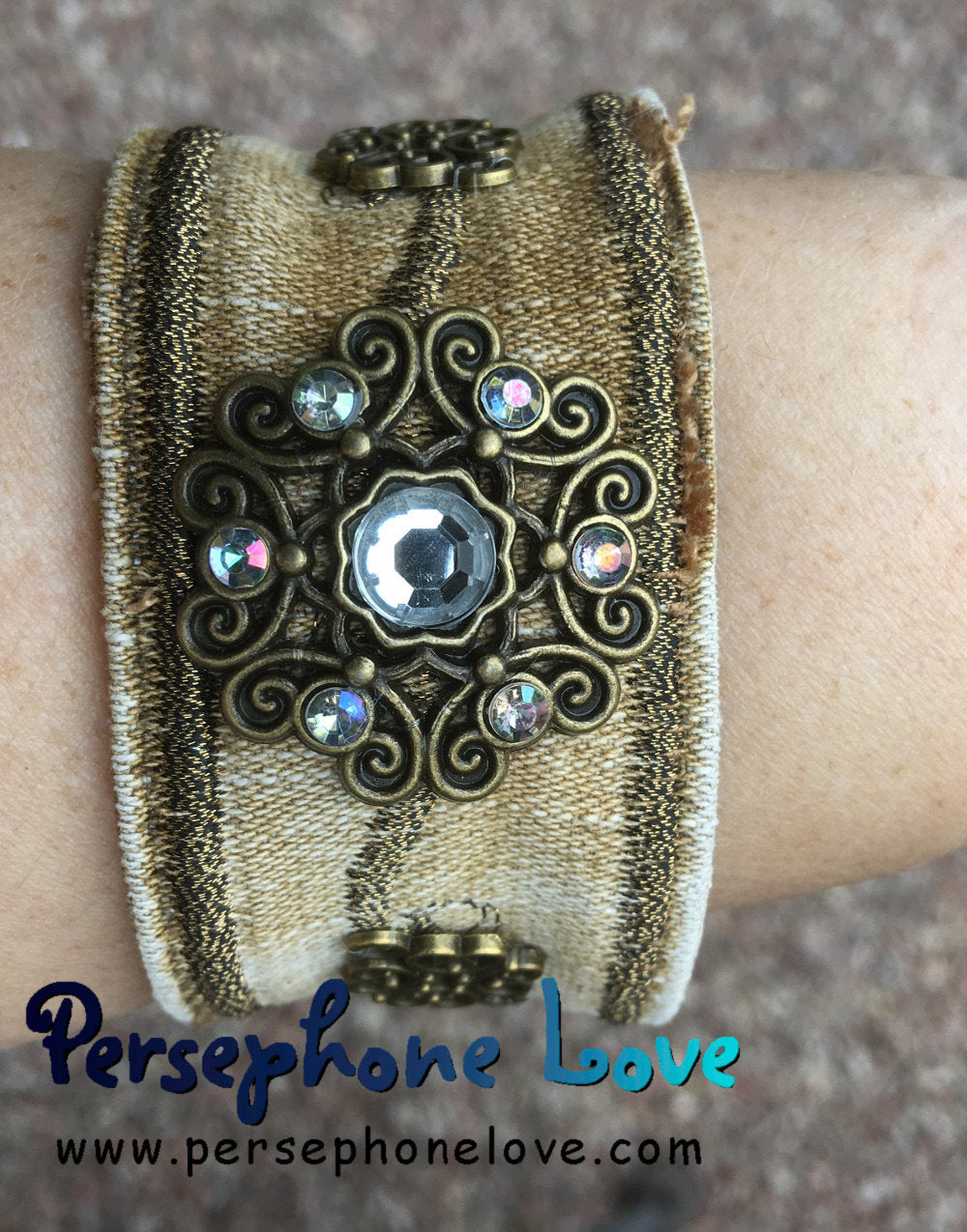 Tan bronze embroidered upcycled denim steampunk rhinestone bracelet-1181