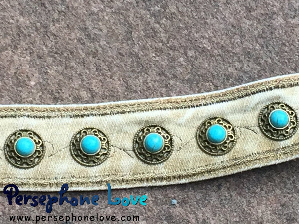 Tan bronze embroidered upcycled denim turquoise steampunk bracelet cuff festival jewelry-1183
