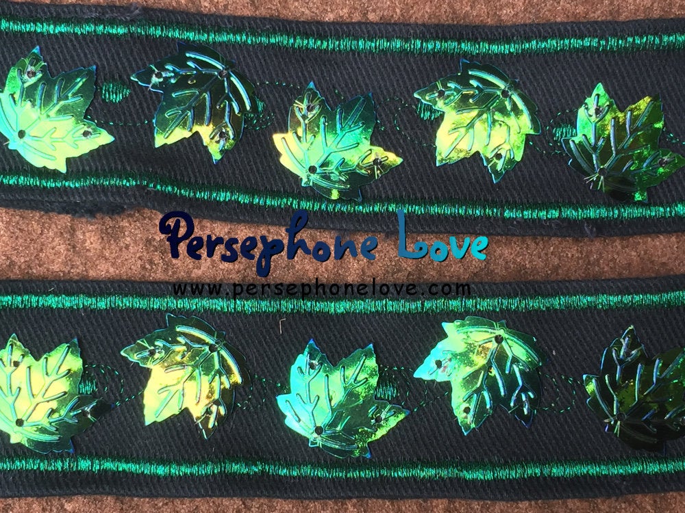 TWO green embroidered maple leaf sequins upcycled hippie festival denim bracelets