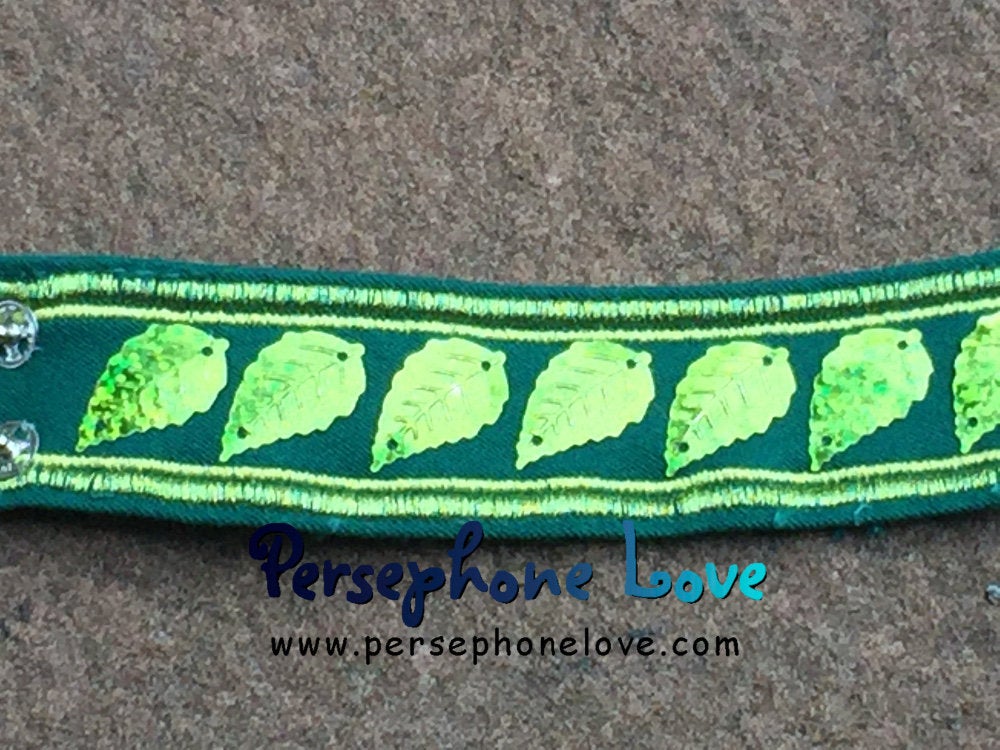 Green embroidered leaf sequin upcycled denim hippie bracelet-1192