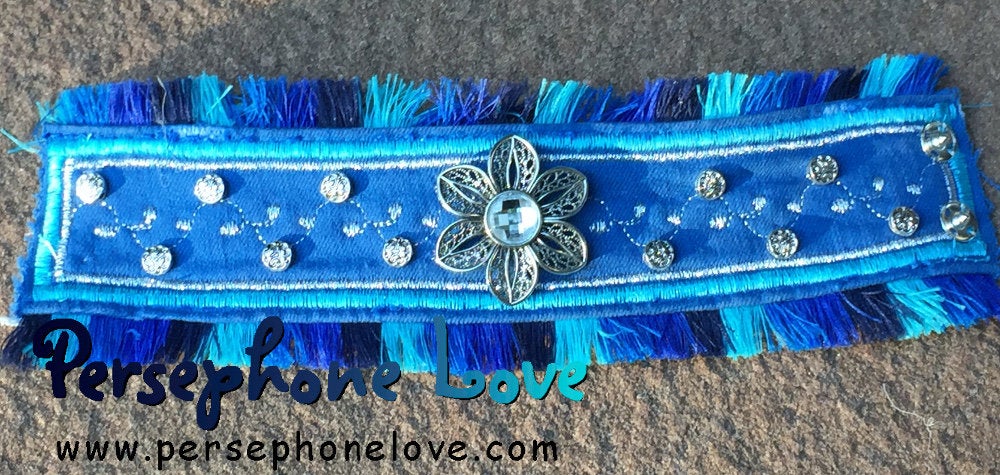 Blue embroidered beaded upcycled denim bracelet-1121