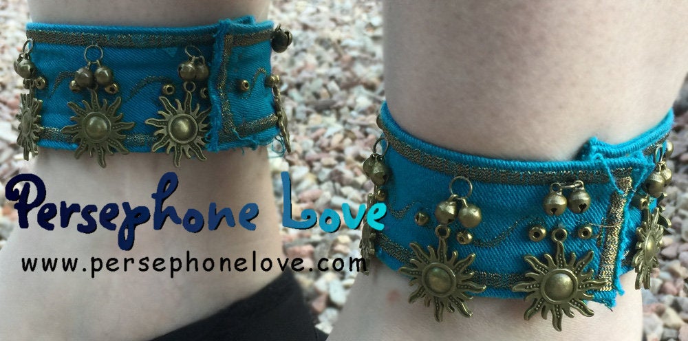 TWO Blue/gold embroidered celestial sun upcycled denim bellydance anklets-1156
