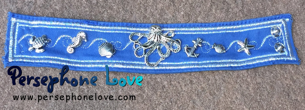 Royal blue silver metallic embroidered beaded upcycled denim bracelet ocean sea charms-1201