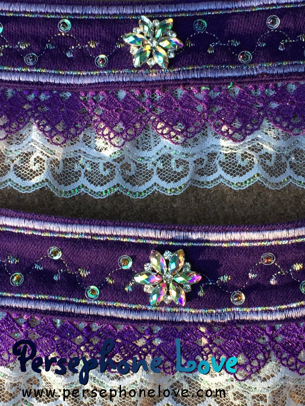 TWO Purple lavender iridescent white embroidered upcycled rhinestone denim bracelets
