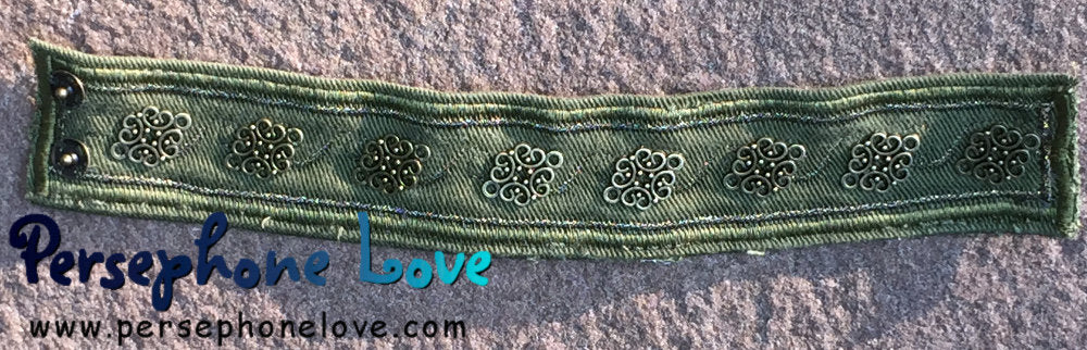 Olive green antique gold embroidered Celtic knot upcycled denim bracelet-1154
