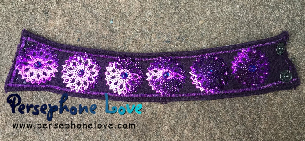 Purple embroidered/beaded sequin upcycled denim bracelet-1171
