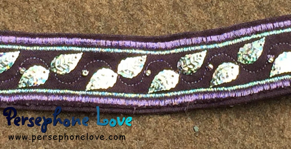 Purple embroidered/beaded silver sequin upcycled denim bracelet-1169