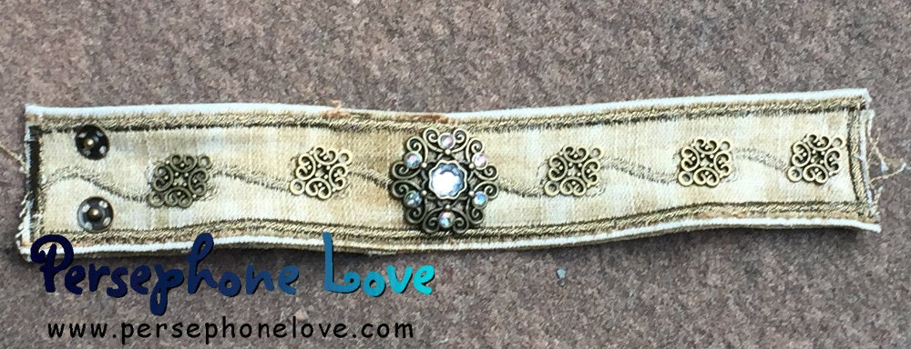Tan bronze embroidered upcycled denim steampunk rhinestone bracelet-1181