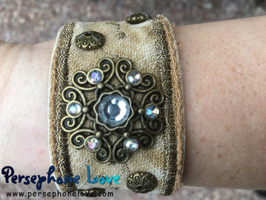 Tan bronze embroidered upcycled denim steampunk hippie festival rhinestone bracelet-1184