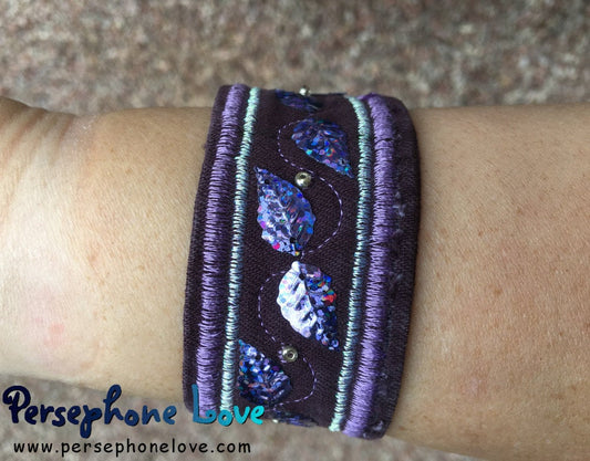 Purple embroidered/beaded purple sequin upcycled denim bracelet-1172