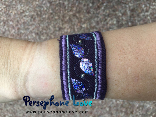 Purple embroidered/beaded purple sequin upcycled denim  bracelet-1170