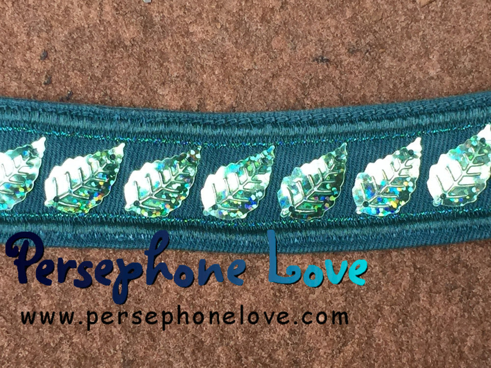Teal turquoise embroidered leaf sequin upcycled denim hippie festival bracelet-1187