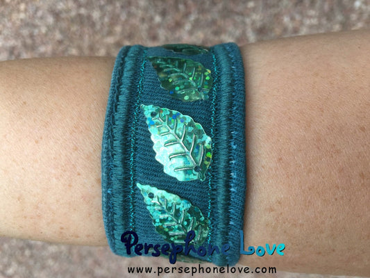 Teal turquoise embroidered leaf sequin upcycled denim hippie festival  bracelet-1187