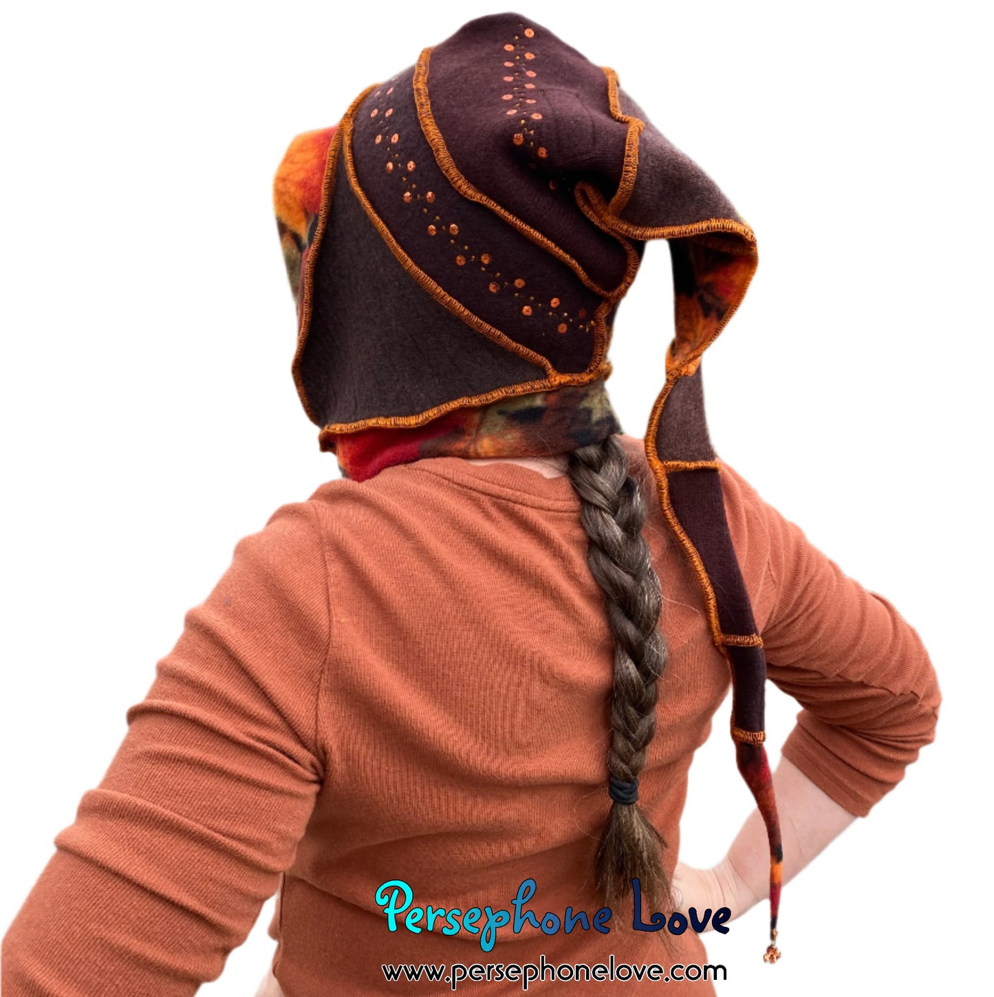Katwise inspired brown felted 100% cashmere sequins pixie jester hat-1485