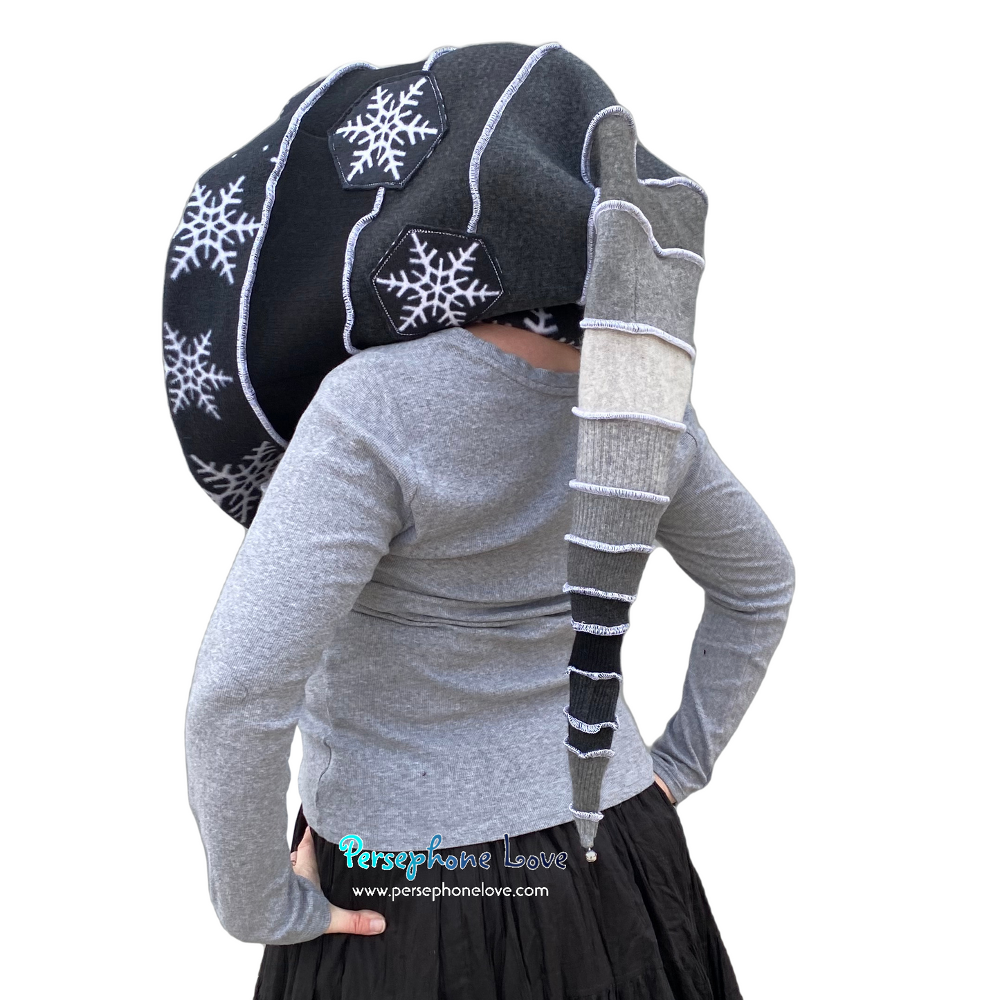 Katwise inspired black/grey felted 100% cashmere recycled sweater elf hat/hood-1654