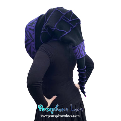 Katwise inspired black/purple felted 100% cashmere recycled sweater elf hat/hood-1663