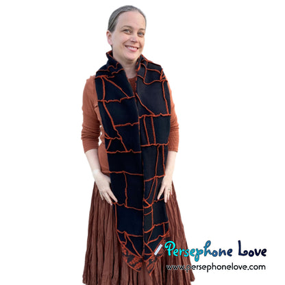 Patchwork black 100% cashmere upcycled needle-felted sweater scarf -1758