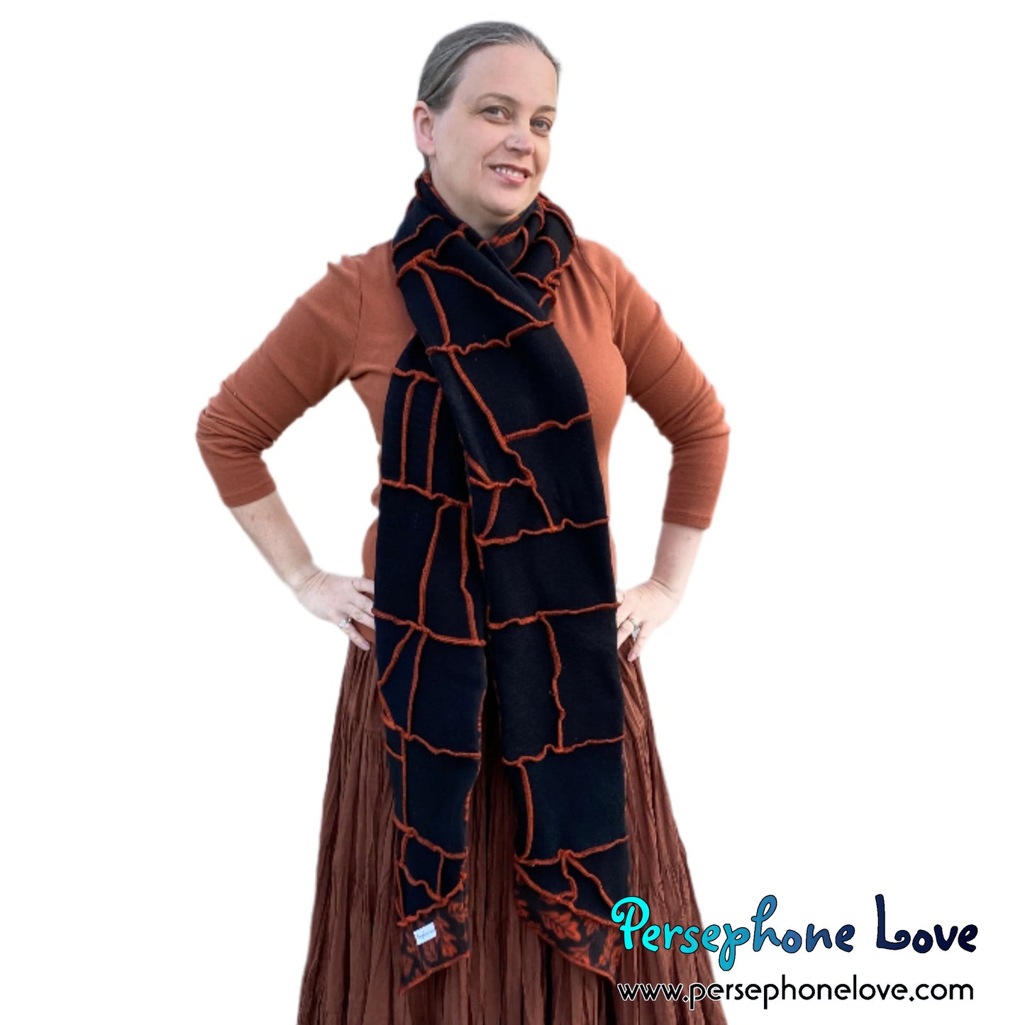 Patchwork black 100% cashmere upcycled needle-felted sweater scarf -1758