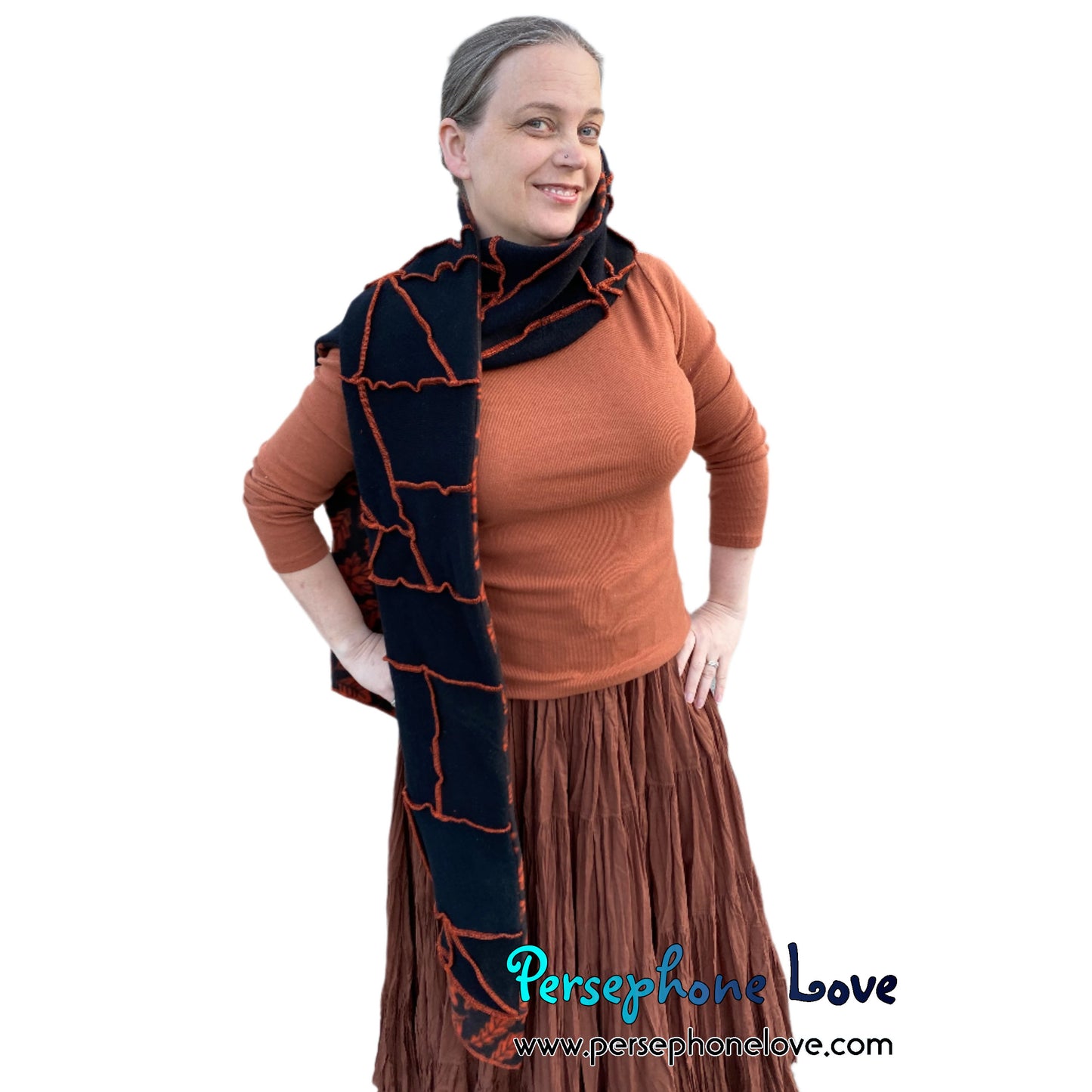 Patchwork black 100% cashmere upcycled needle-felted sweater scarf -1758