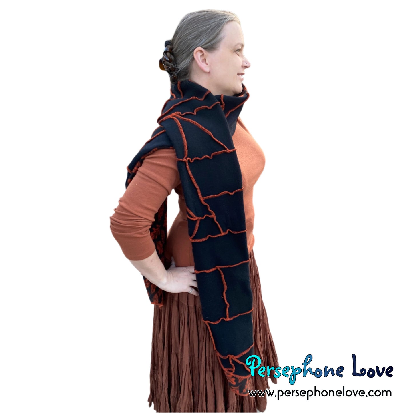 Patchwork black 100% cashmere upcycled needle-felted sweater scarf -1758