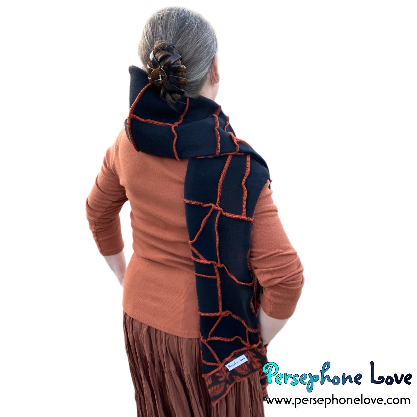 Patchwork black 100% cashmere upcycled needle-felted sweater scarf -1758