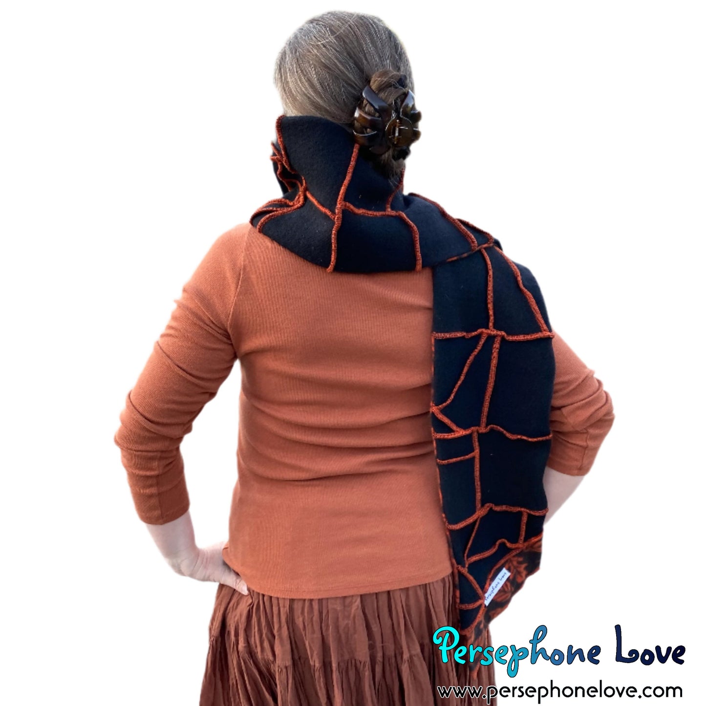 Patchwork black 100% cashmere upcycled needle-felted sweater scarf -1758