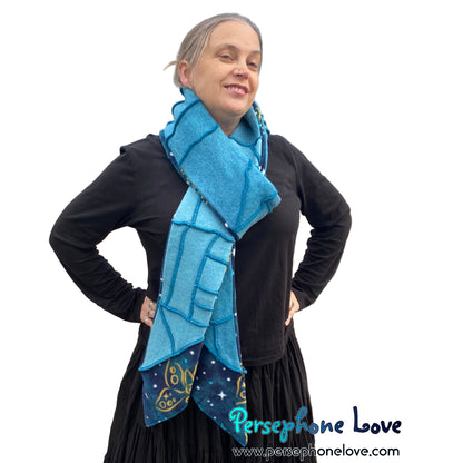 Patchwork teal 100% cashmere upcycled needle-felted sweater scarf -1821