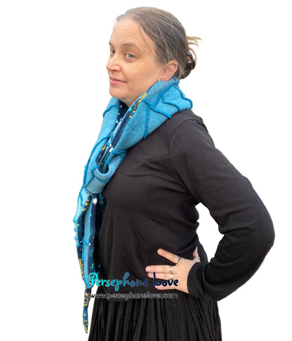 Patchwork teal 100% cashmere upcycled needle-felted sweater scarf -1821