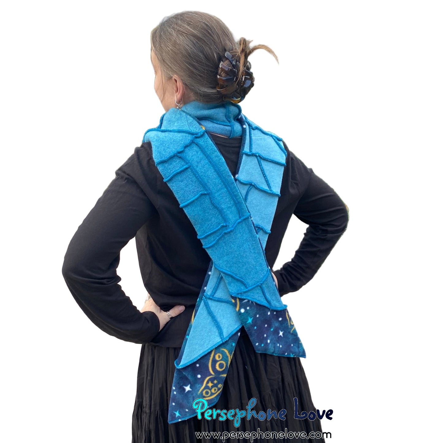 Patchwork teal 100% cashmere upcycled needle-felted sweater scarf -1821