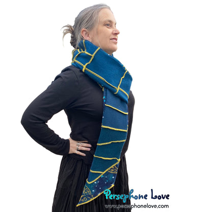 Patchwork teal 100% cashmere upcycled needle-felted sweater scarf -1832