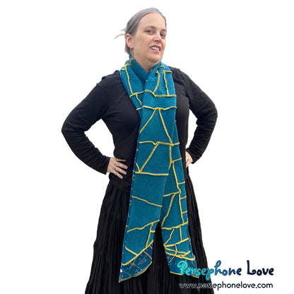 Patchwork teal 100% cashmere upcycled needle-felted sweater scarf -1835