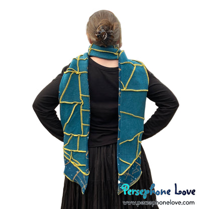 Patchwork teal 100% cashmere upcycled needle-felted sweater scarf -1835
