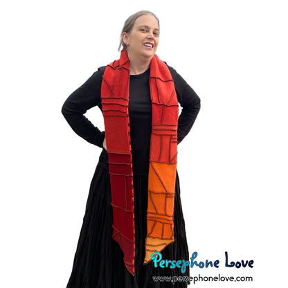 Patchwork red 100% cashmere upcycled needle-felted sweater scarf -1846