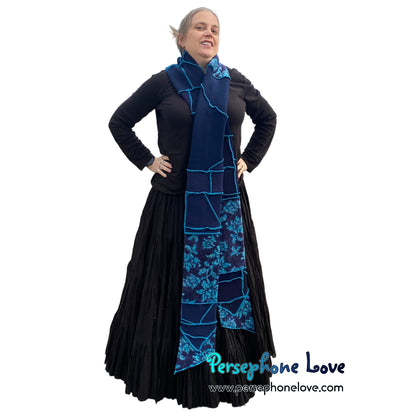Patchwork blue 100% cashmere upcycled needle-felted sweater scarf -1864