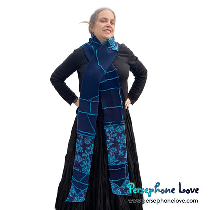 Patchwork blue 100% cashmere upcycled needle-felted sweater scarf -1864