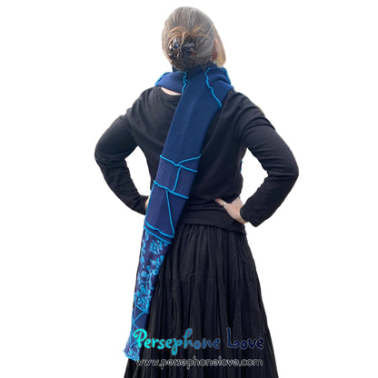 Patchwork blue 100% cashmere upcycled needle-felted sweater scarf -1864