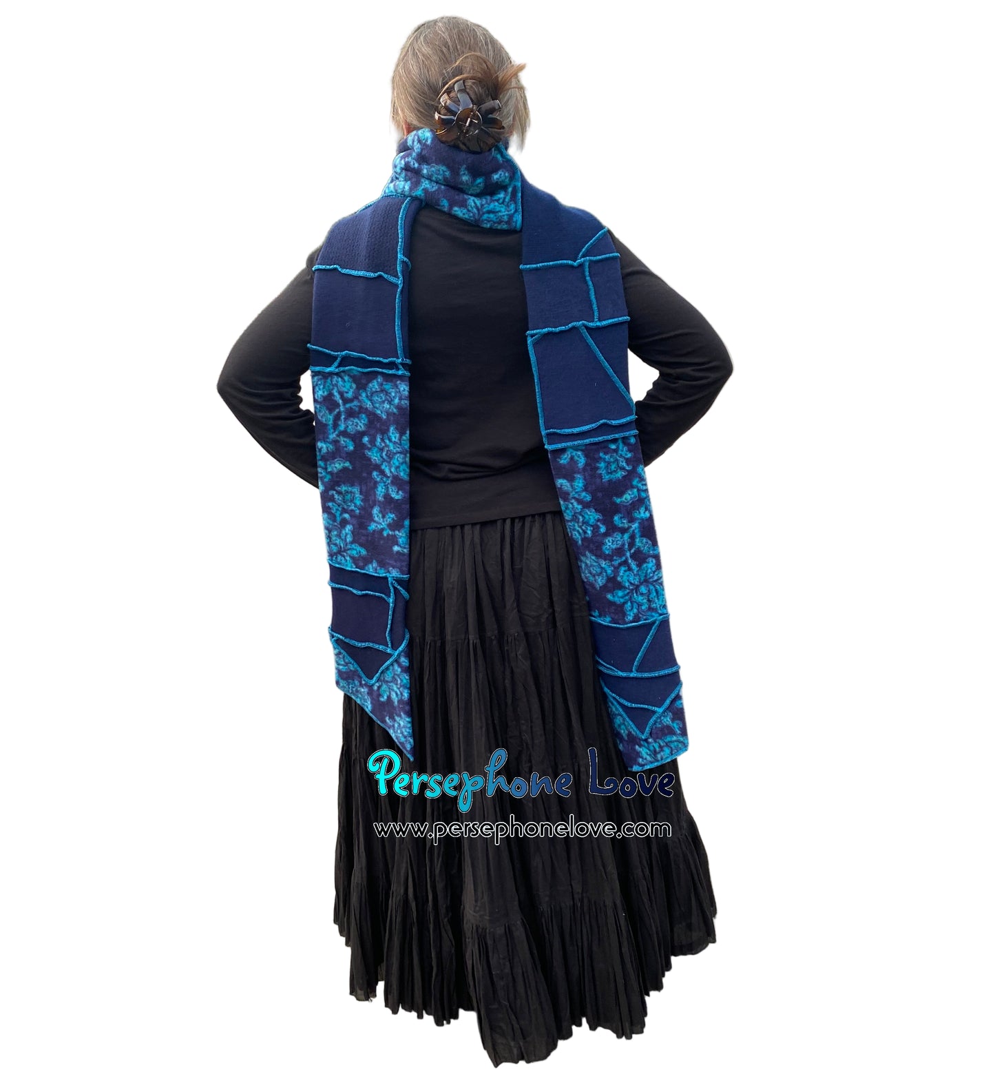Patchwork blue 100% cashmere upcycled needle-felted sweater scarf -1864