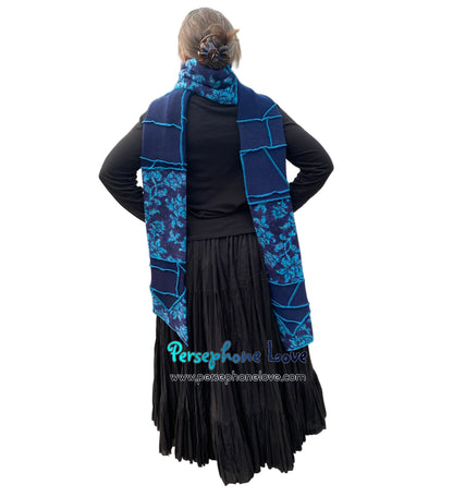 Patchwork blue 100% cashmere upcycled needle-felted sweater scarf -1864