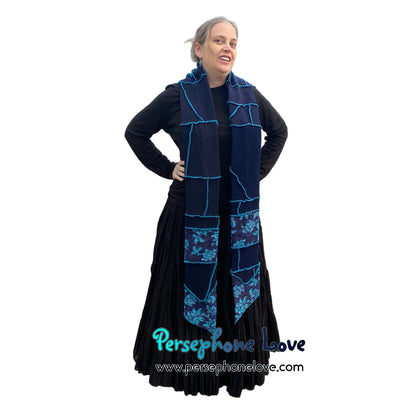 Patchwork blue 100% cashmere upcycled needle-felted sweater scarf -1865