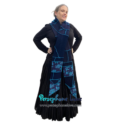 Patchwork blue 100% cashmere upcycled needle-felted sweater scarf -1865