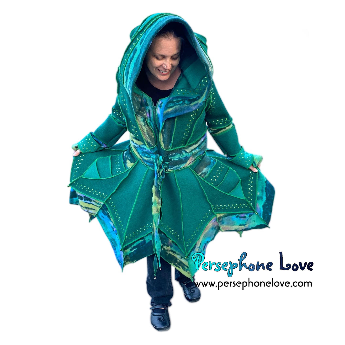 “Callirus” Green pixie felted cashmere/wool/fleece Katwise-inspired sequin sweatercoat-2569