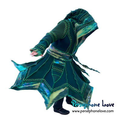“Dance with the Trees” Green pixie felted cashmere/wool/fleece Katwise-inspired sequin sweatercoat-2570