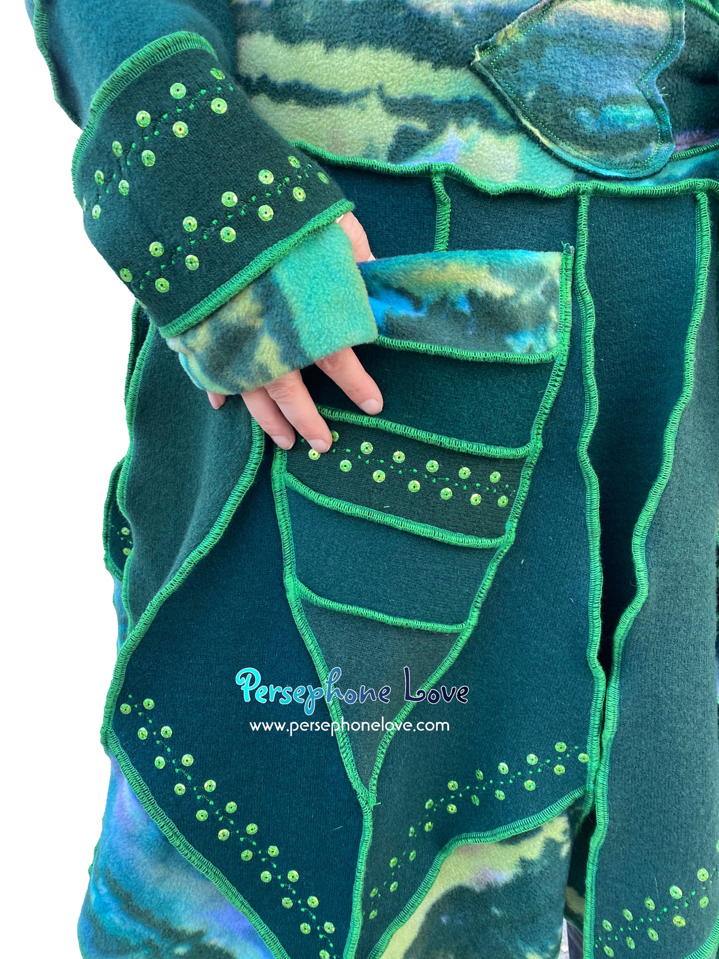 “Dance with the Trees” Green pixie felted cashmere/wool/fleece Katwise-inspired sequin sweatercoat-2570