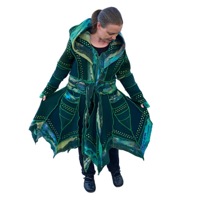 “Dance with the Trees” Green pixie felted cashmere/wool/fleece Katwise-inspired sequin sweatercoat-2570