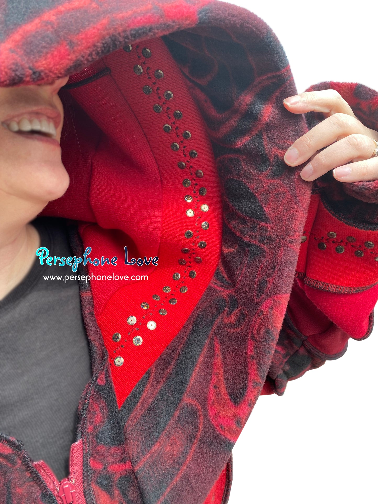 "Angels" Red pixie felted 100% cashmere/fleece Katwise-inspired sequin sweatercoat-2580