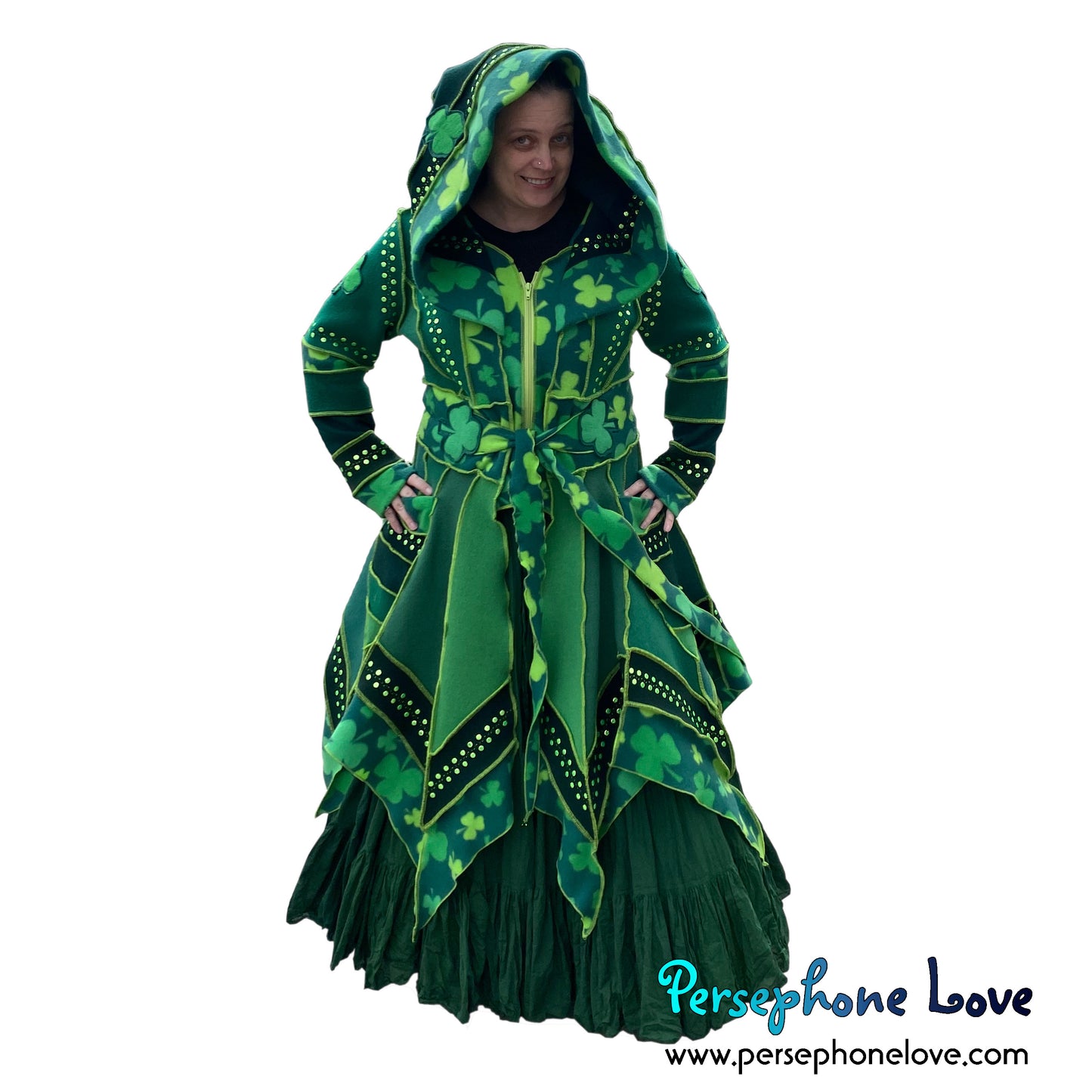 "Aria" Green elf machine-felted wool/cashmere Katwise-inspired patchwork sweatercoat-2583