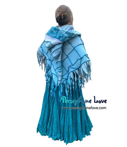 "You Belong" Light teal patchwork felted cashmere/fleece hooded poncho-2587