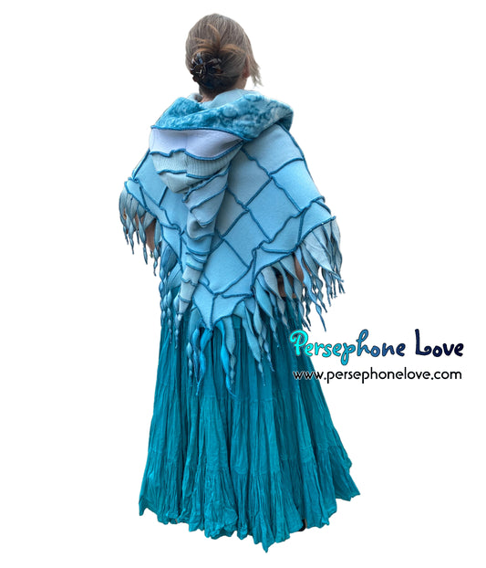 "You Belong" Light teal patchwork felted cashmere/fleece hooded poncho-2587