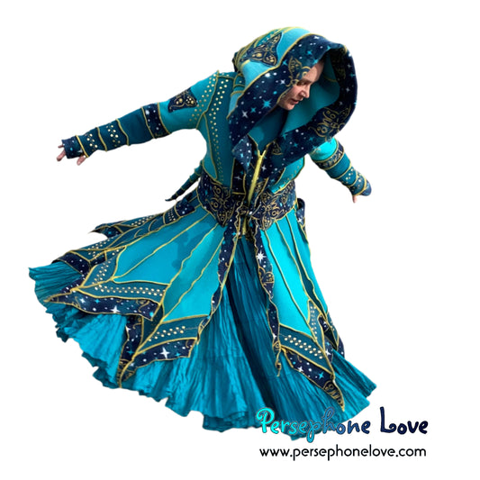 "Monarch" Teal pixie felted cashmere/fleece Katwise-inspired sequin sweatercoat-2588