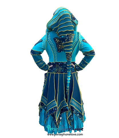 "Monarch" Teal pixie felted cashmere/fleece Katwise-inspired sequin sweatercoat-2588